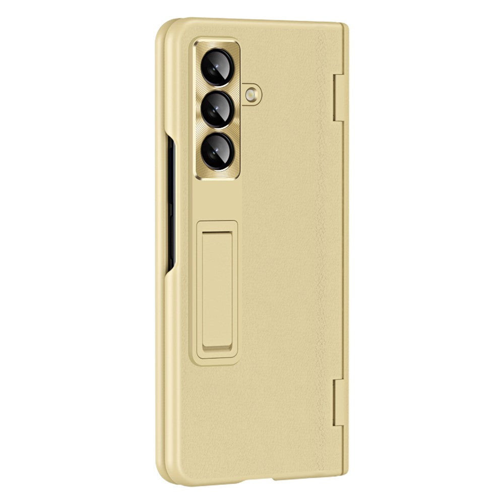 For Samsung Galaxy Z Fold7 5G Case with Tempered Glass Film Kickstand PC + PU Leather Folding Phone Cover - Gold