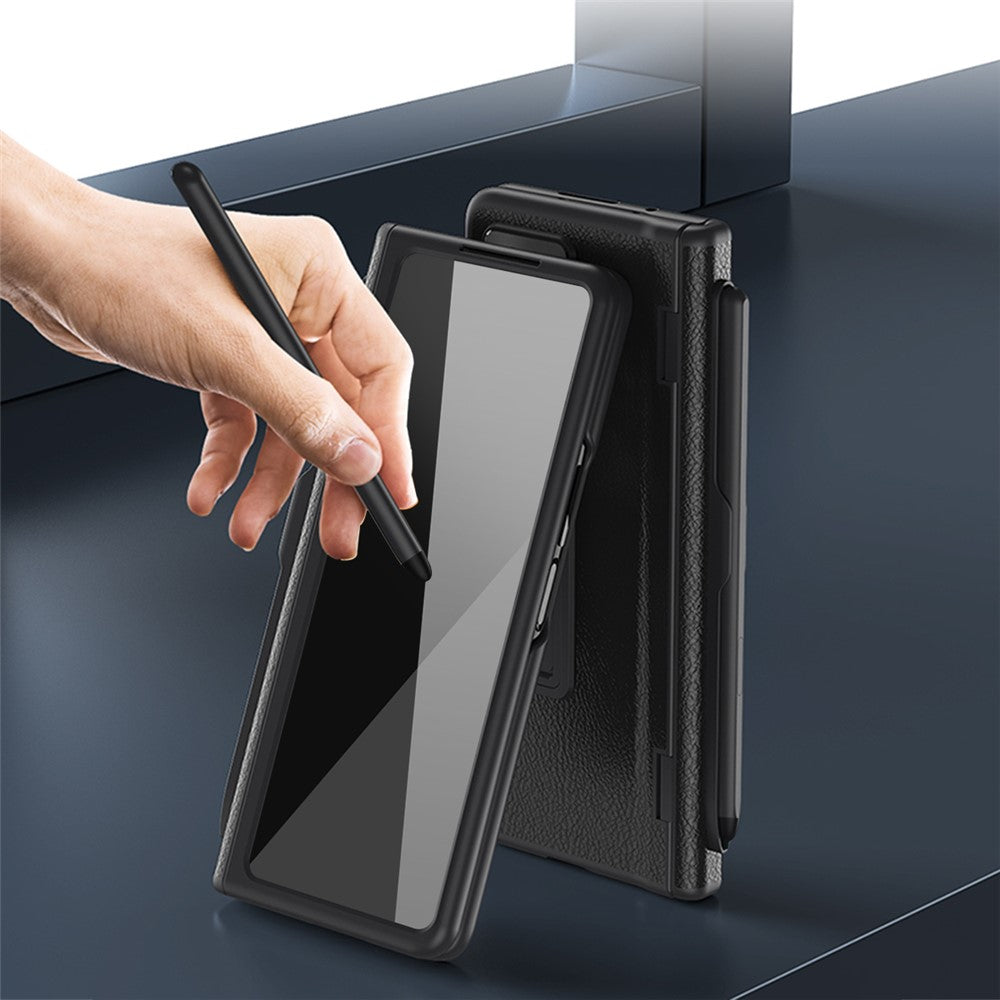 For Samsung Galaxy Z Fold7 5G Case Kickstand PC + PU Leather Folding Phone Cover with Screen Protector and Stylus - Green