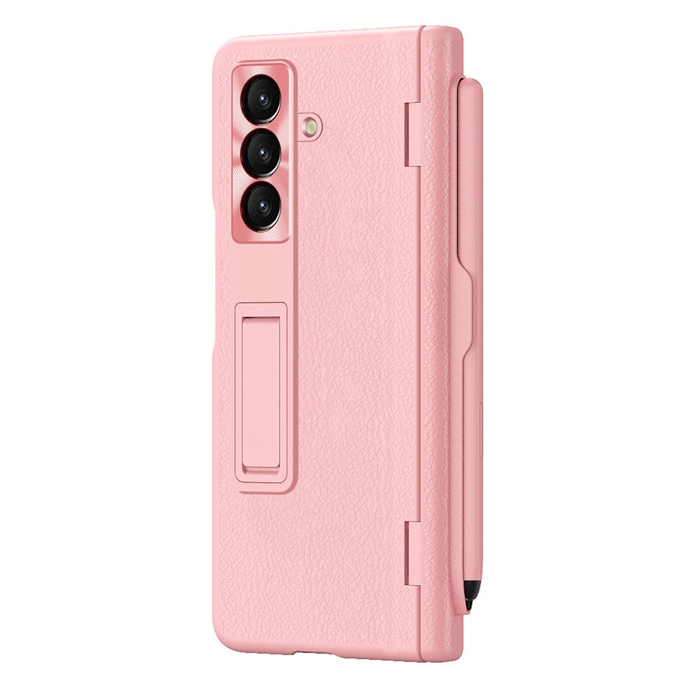 For Samsung Galaxy Z Fold7 5G Case Kickstand PC + PU Leather Folding Phone Cover with Screen Protector and Stylus - Pink