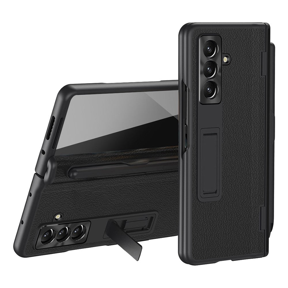 For Samsung Galaxy Z Fold7 5G Case Kickstand PC + PU Leather Folding Phone Cover with Screen Protector and Stylus - Black