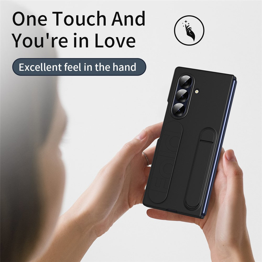 For Samsung Galaxy Z Fold7 5G Case with Tempered Glass Film Kickstand Wristband PC + Silicone Phone Cover - Black