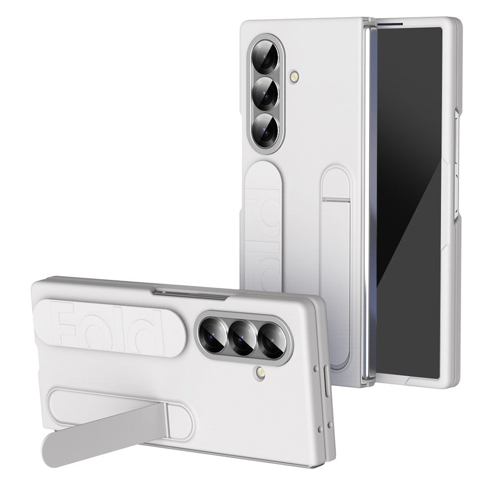 For Samsung Galaxy Z Fold7 5G Case with Tempered Glass Film Kickstand Wristband PC + Silicone Phone Cover - White