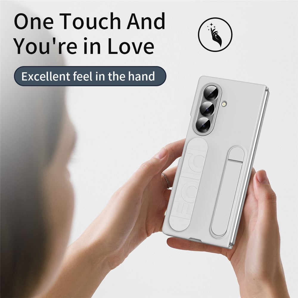 For Samsung Galaxy Z Fold7 5G Case with Tempered Glass Film Kickstand Wristband PC + Silicone Phone Cover - White
