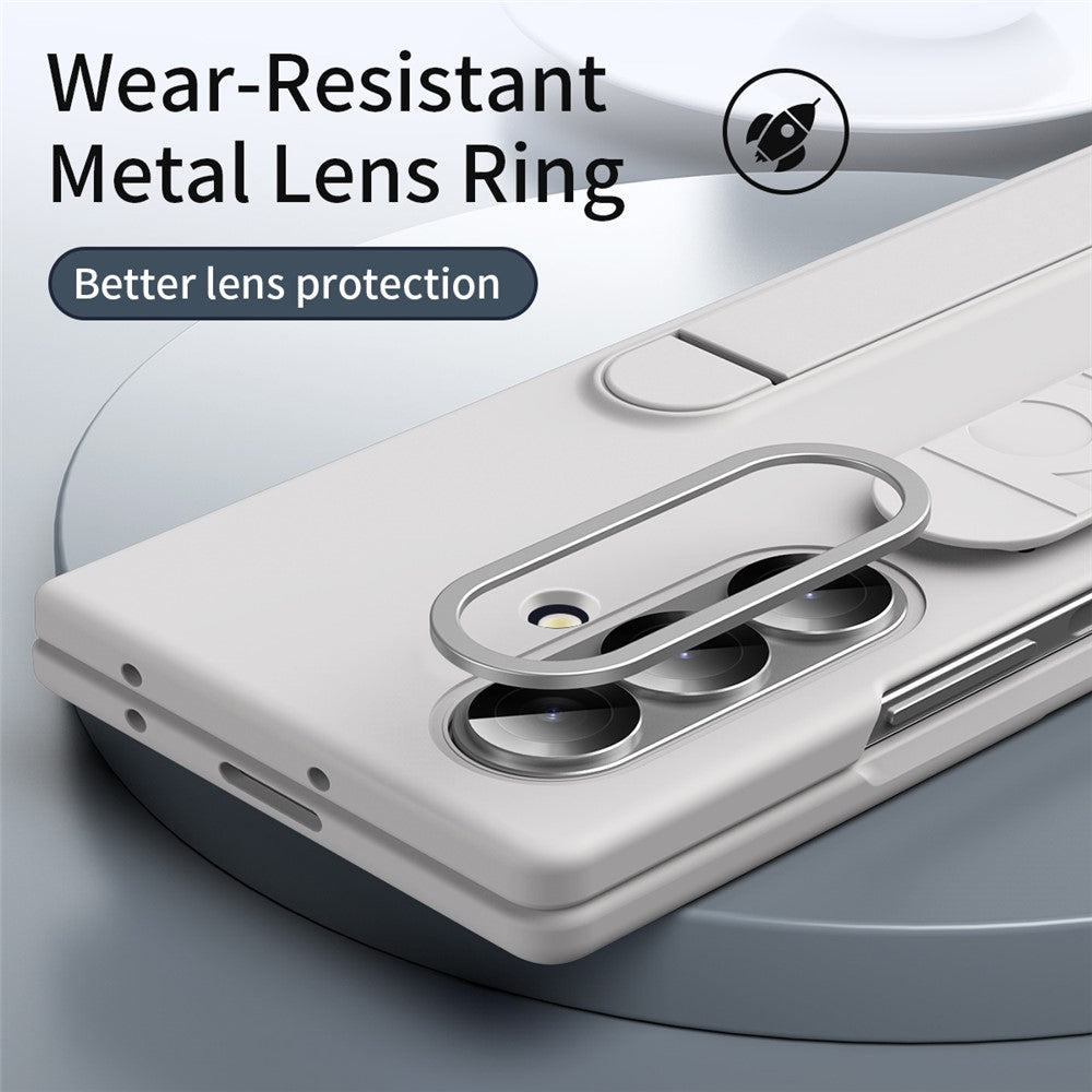 For Samsung Galaxy Z Fold7 5G Case with Tempered Glass Film Kickstand Wristband PC + Silicone Phone Cover - White