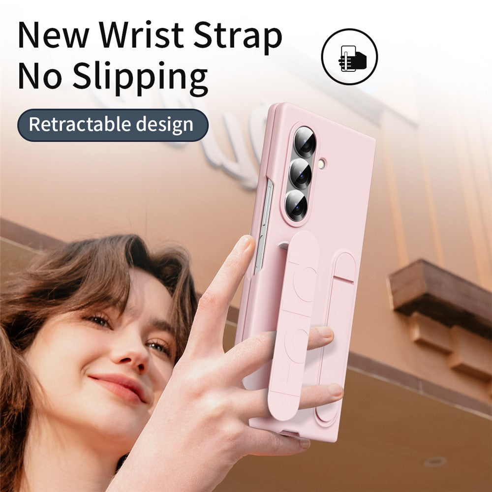 For Samsung Galaxy Z Fold7 5G Case with Tempered Glass Film Kickstand Wristband PC + Silicone Phone Cover - Pink