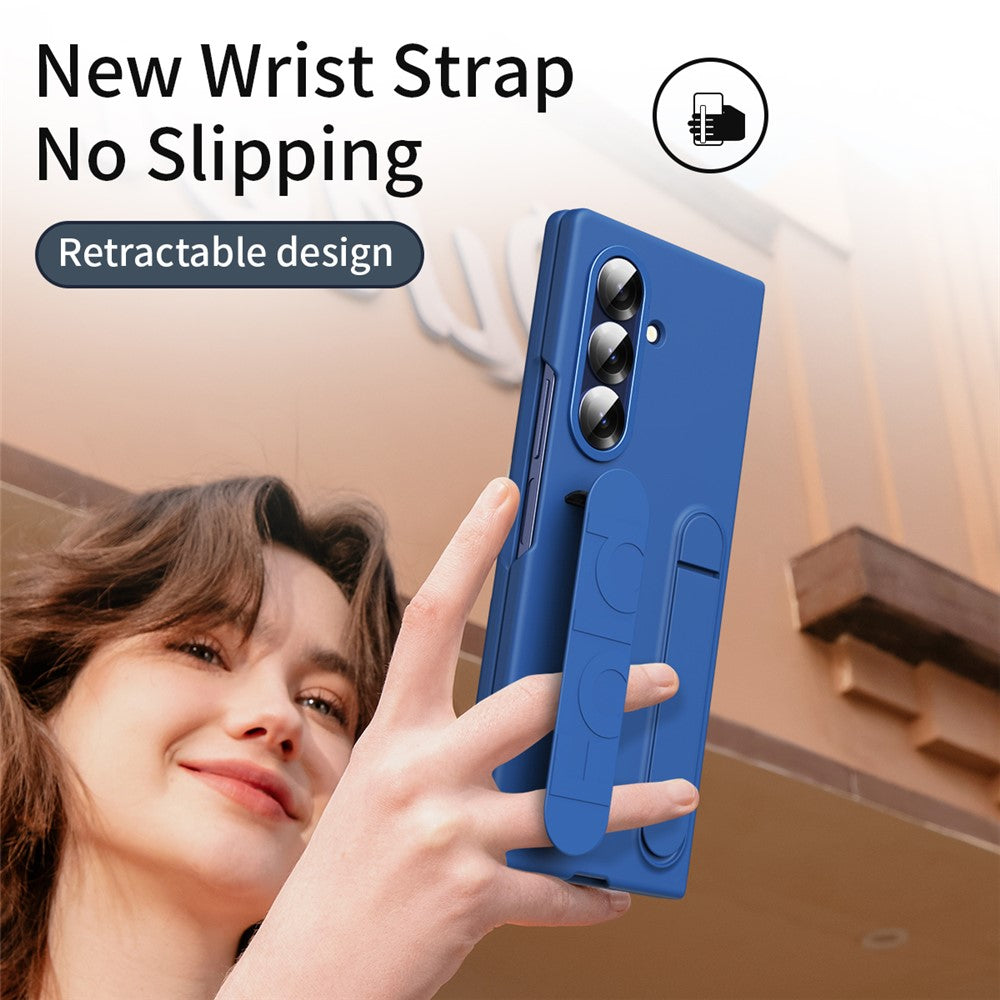 For Samsung Galaxy Z Fold7 5G Case with Tempered Glass Film Kickstand Wristband PC + Silicone Phone Cover - Blue