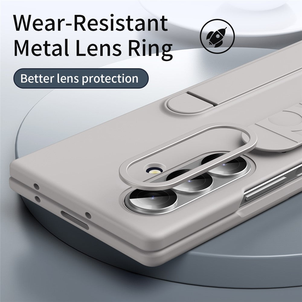 For Samsung Galaxy Z Fold7 5G Case with Tempered Glass Film Kickstand Wristband PC + Silicone Phone Cover - Titanium Gold