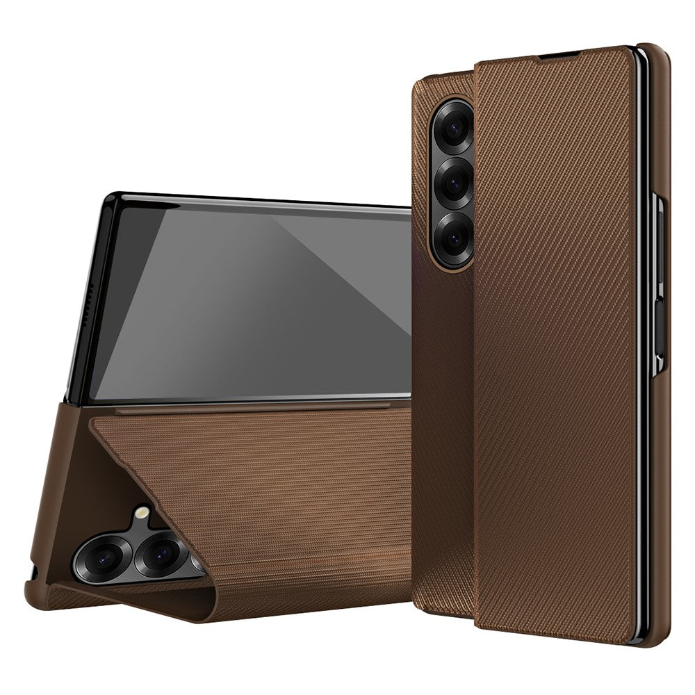 For Samsung Galaxy Z Fold7 5G Case Kevlar Texture Leather + PC Stand Phone Cover - Brown