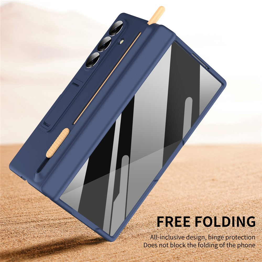 For Samsung Galaxy Z Fold7 5G Kickstand Phone Case with Tempered Glass Screen Protector and Stylus Pen - Sapphire
