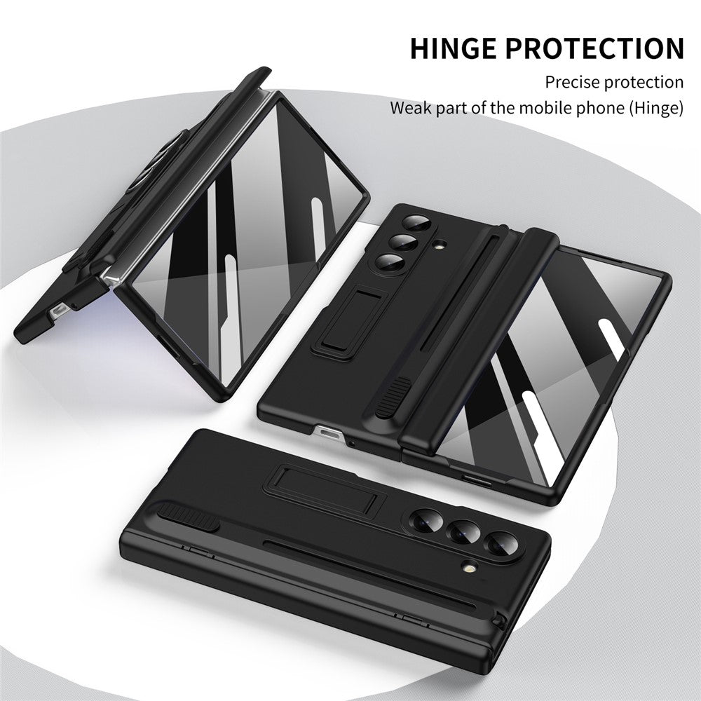 For Samsung Galaxy Z Fold7 5G Kickstand Phone Case with Tempered Glass Screen Protector and Stylus Pen - Black