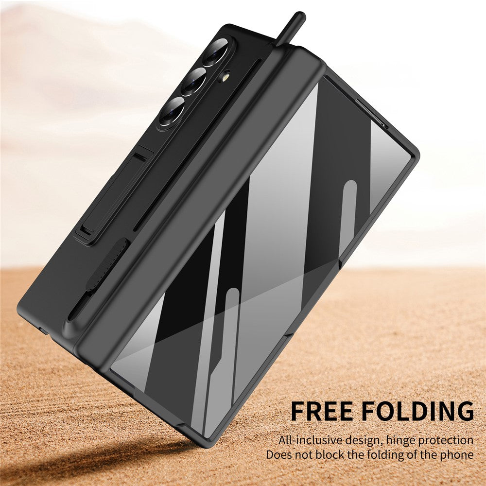 For Samsung Galaxy Z Fold7 5G Kickstand Phone Case with Tempered Glass Screen Protector and Stylus Pen - Black