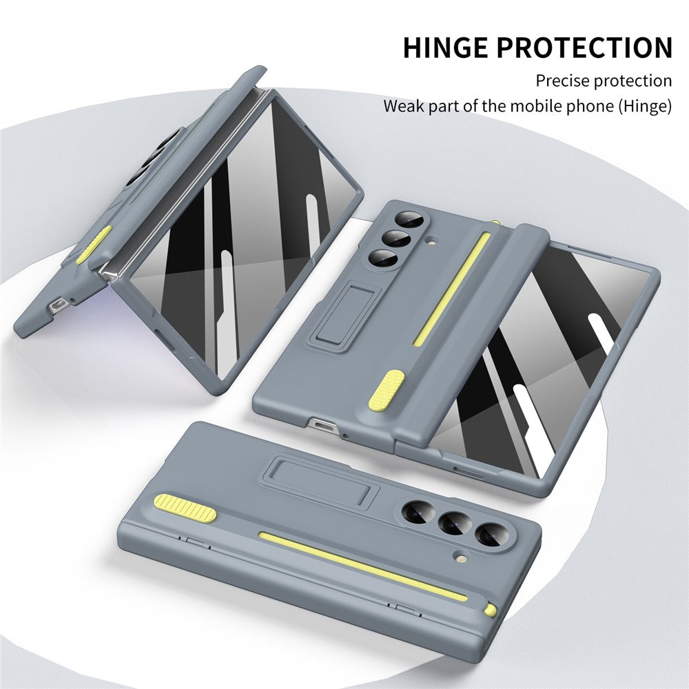 For Samsung Galaxy Z Fold7 5G Kickstand Phone Case with Tempered Glass Screen Protector and Stylus Pen - Grey