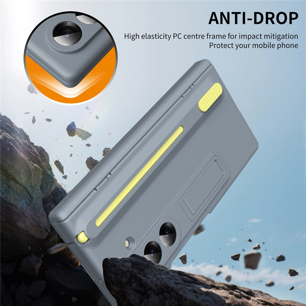 For Samsung Galaxy Z Fold7 5G Kickstand Phone Case with Tempered Glass Screen Protector and Stylus Pen - Grey