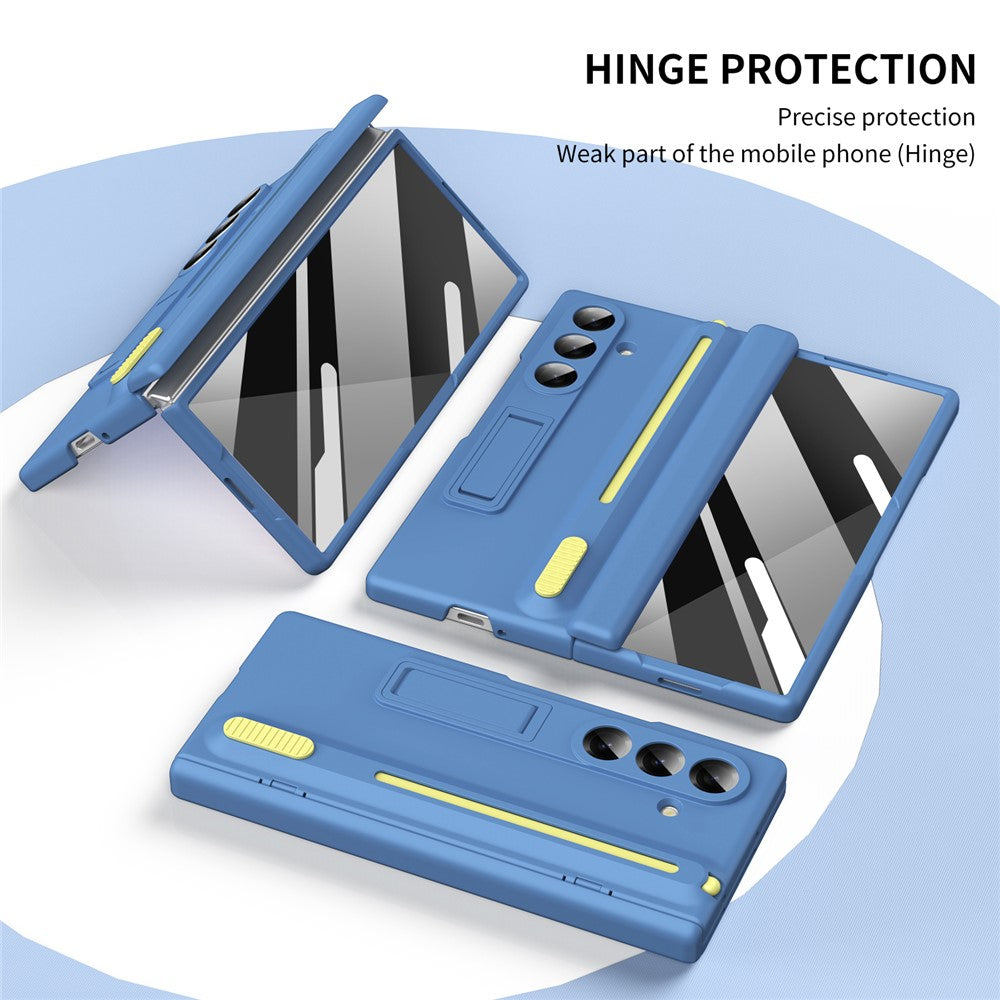 For Samsung Galaxy Z Fold7 5G Kickstand Phone Case with Tempered Glass Screen Protector and Stylus Pen - Sky Blue