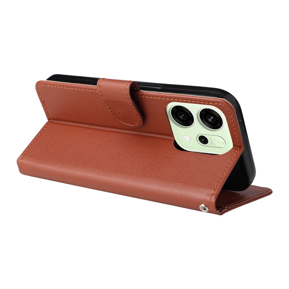 For Oppo Reno14 5G (Global) Case Wallet Stand View PU Leather Phone Cover with Wrist Strap - Brown