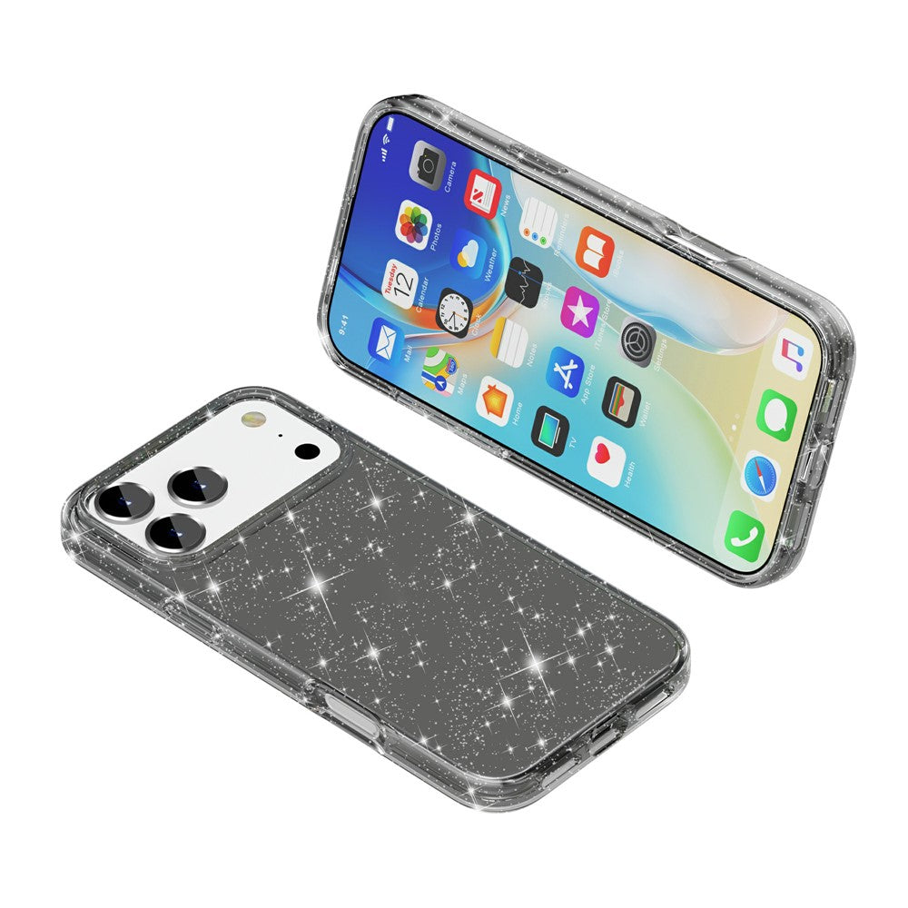 For iPhone 17 Pro Max Case Sparkly Powder Glitter Shiny Soft TPU + Hard PC Back Cover - Black
