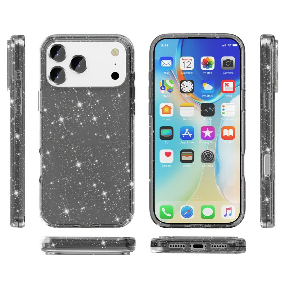 For iPhone 17 Pro Max Case Sparkly Powder Glitter Shiny Soft TPU + Hard PC Back Cover - Black