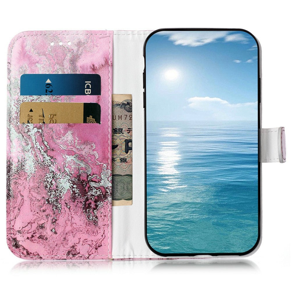 For iPhone 17 Pro Max Stand Case Marble Painted Folio Flip Leather Wallet Phone Cover - Pink Seawater Marble