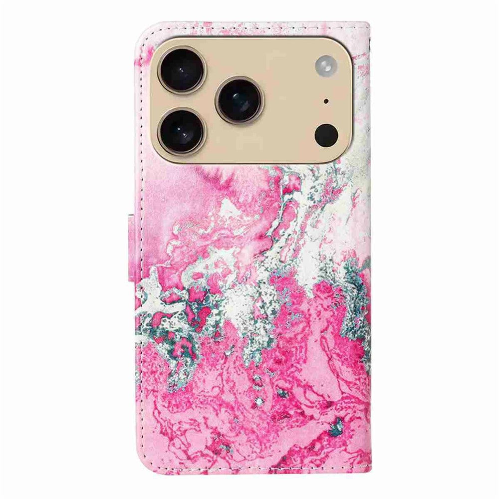For iPhone 17 Pro Max Stand Case Marble Painted Folio Flip Leather Wallet Phone Cover - Pink Seawater Marble