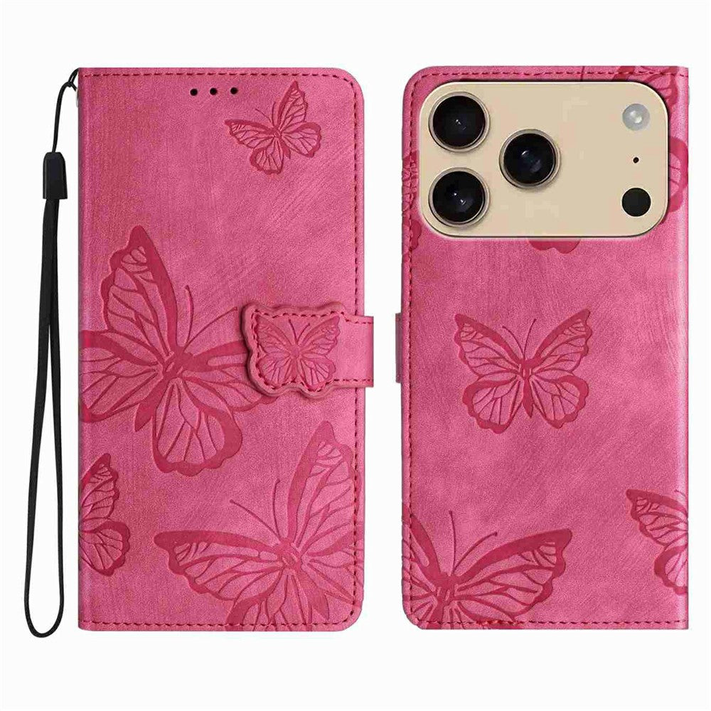 For iPhone 17 Pro Max Case Butterfly Design Flip Wallet Leather Phone Cover Skin-Touch - Rose