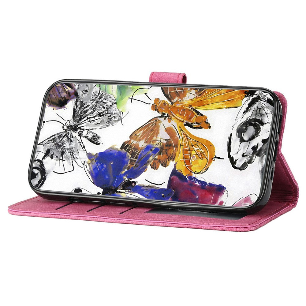 For iPhone 17 Pro Max Case Butterfly Design Flip Wallet Leather Phone Cover Skin-Touch - Rose