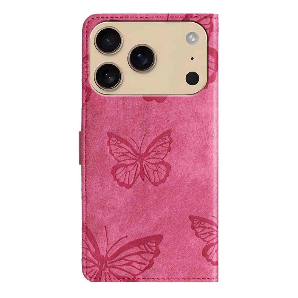For iPhone 17 Pro Max Case Butterfly Design Flip Wallet Leather Phone Cover Skin-Touch - Rose