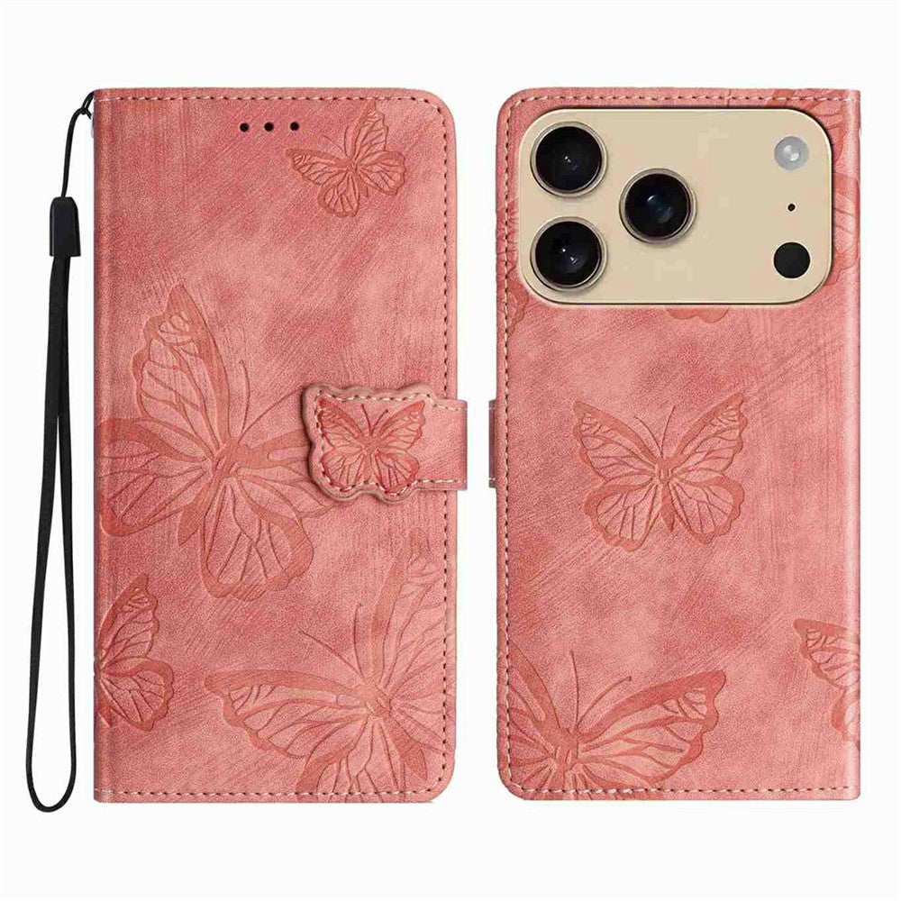 For iPhone 17 Pro Max Case Butterfly Design Flip Wallet Leather Phone Cover Skin-Touch - Pink