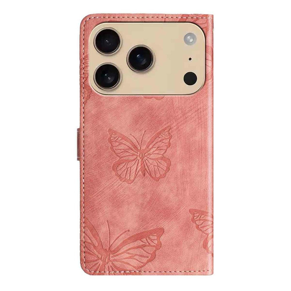 For iPhone 17 Pro Max Case Butterfly Design Flip Wallet Leather Phone Cover Skin-Touch - Pink