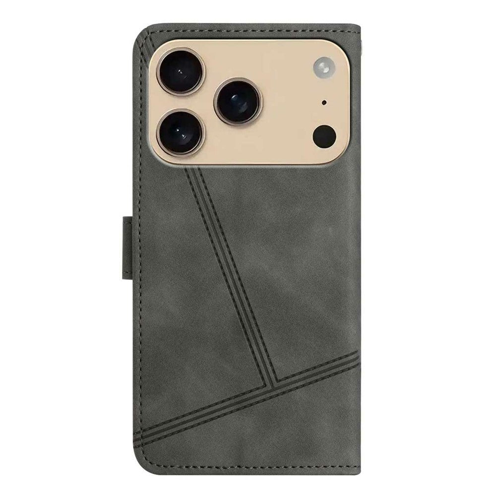 For iPhone 17 Pro Max Case Flip Leather Retro Phone Cover Lines Imprinted - Grey