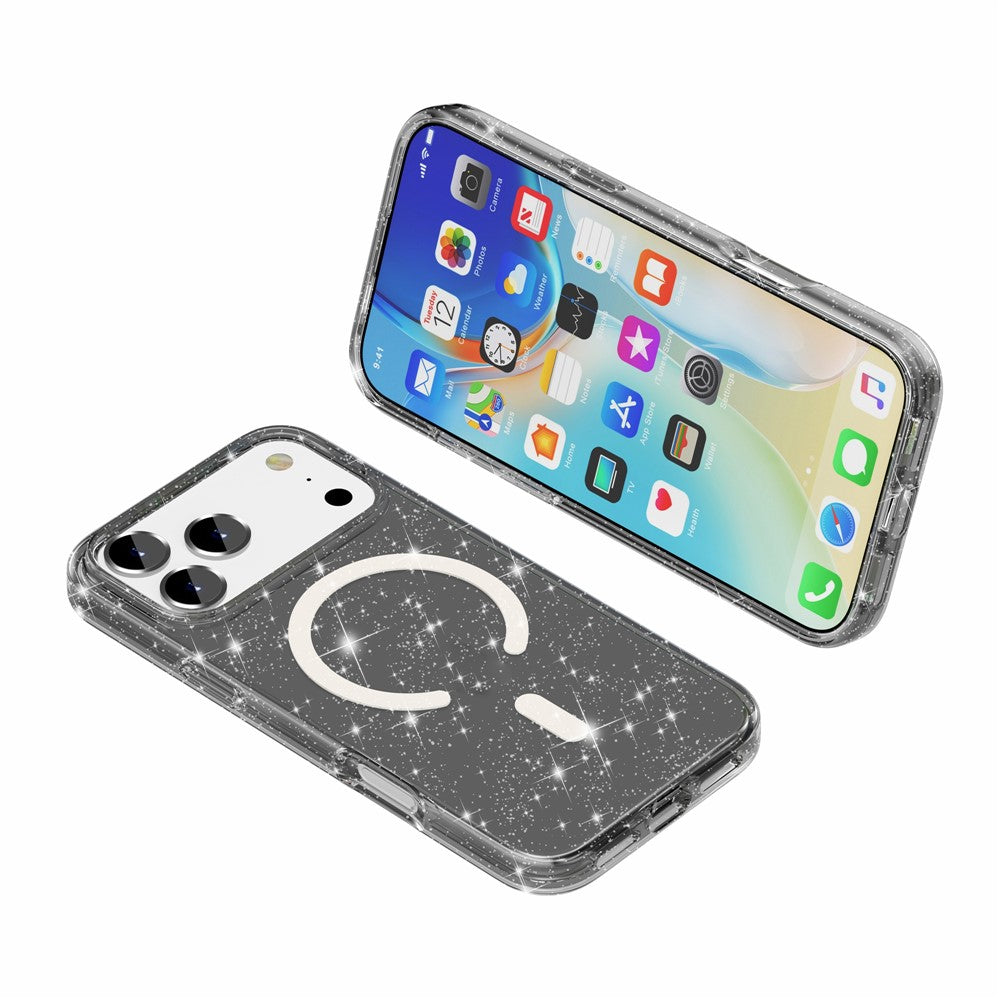 For iPhone 17 Pro Max Case Compatible with MagSafe Glitter Powder PC + TPU Phone Cover - Black
