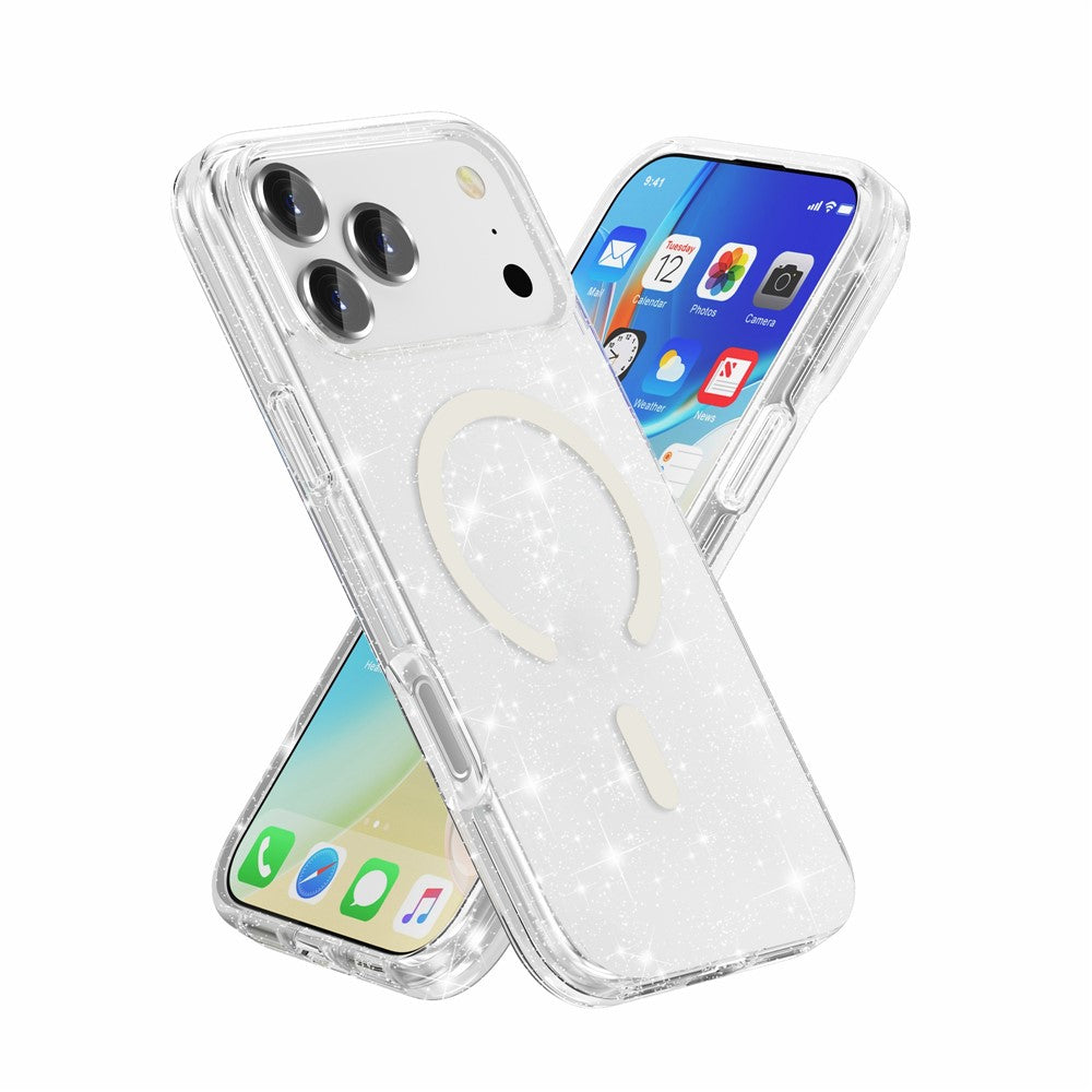 For iPhone 17 Pro Max Case Compatible with MagSafe Glitter Powder PC + TPU Phone Cover - White