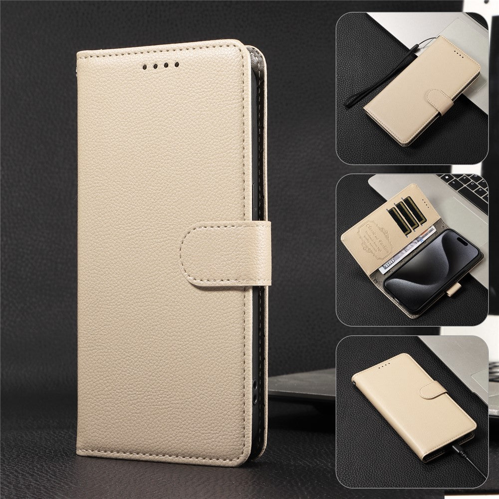 For iPhone 17 Pro Max Case RFID Blocking 3 Card Slots PU Leather Phone Cover with Wrist Strap - Creamy White