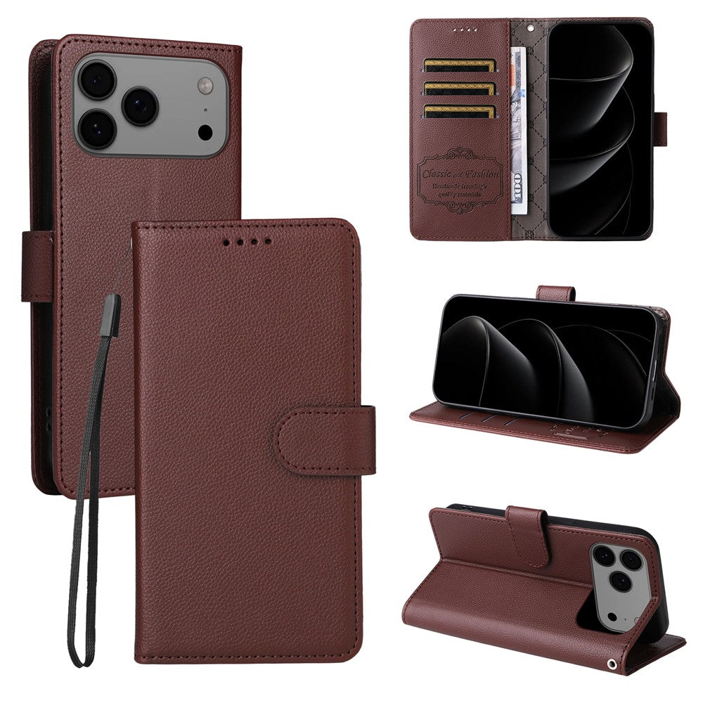 For iPhone 17 Pro Max Case RFID Blocking 3 Card Slots PU Leather Phone Cover with Wrist Strap - Brown