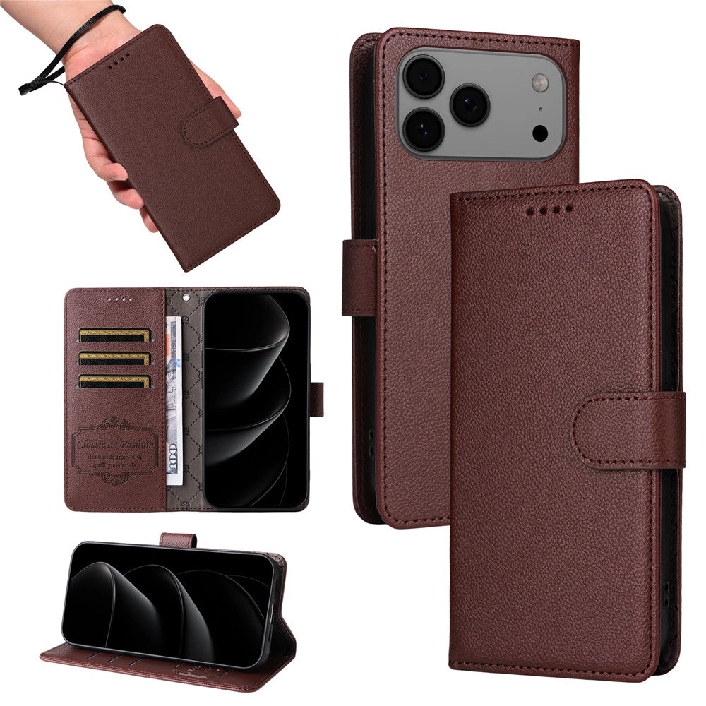 For iPhone 17 Pro Max Case RFID Blocking 3 Card Slots PU Leather Phone Cover with Wrist Strap - Brown