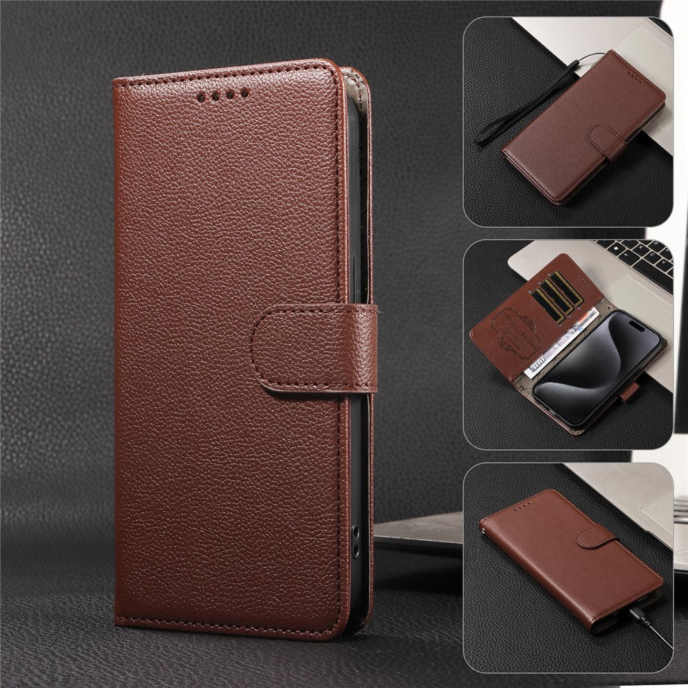 For iPhone 17 Pro Max Case RFID Blocking 3 Card Slots PU Leather Phone Cover with Wrist Strap - Brown