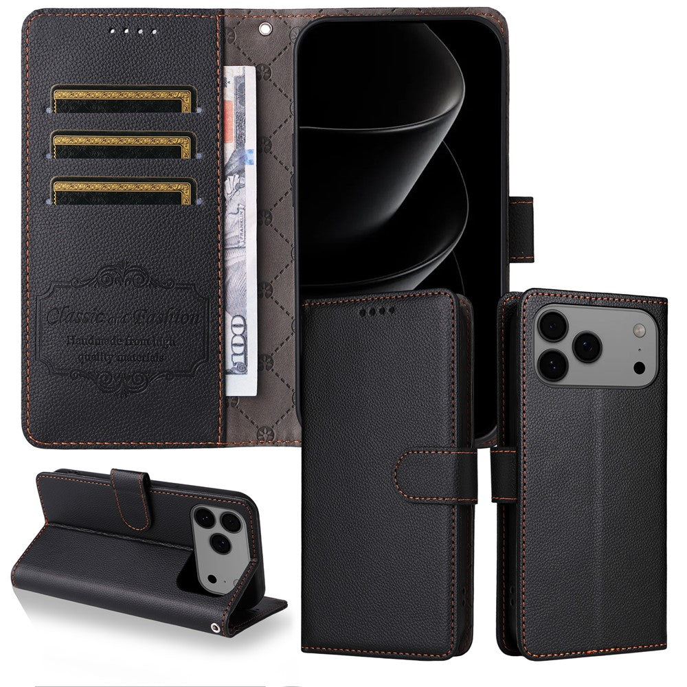 For iPhone 17 Pro Max Case RFID Blocking 3 Card Slots PU Leather Phone Cover with Wrist Strap - Black
