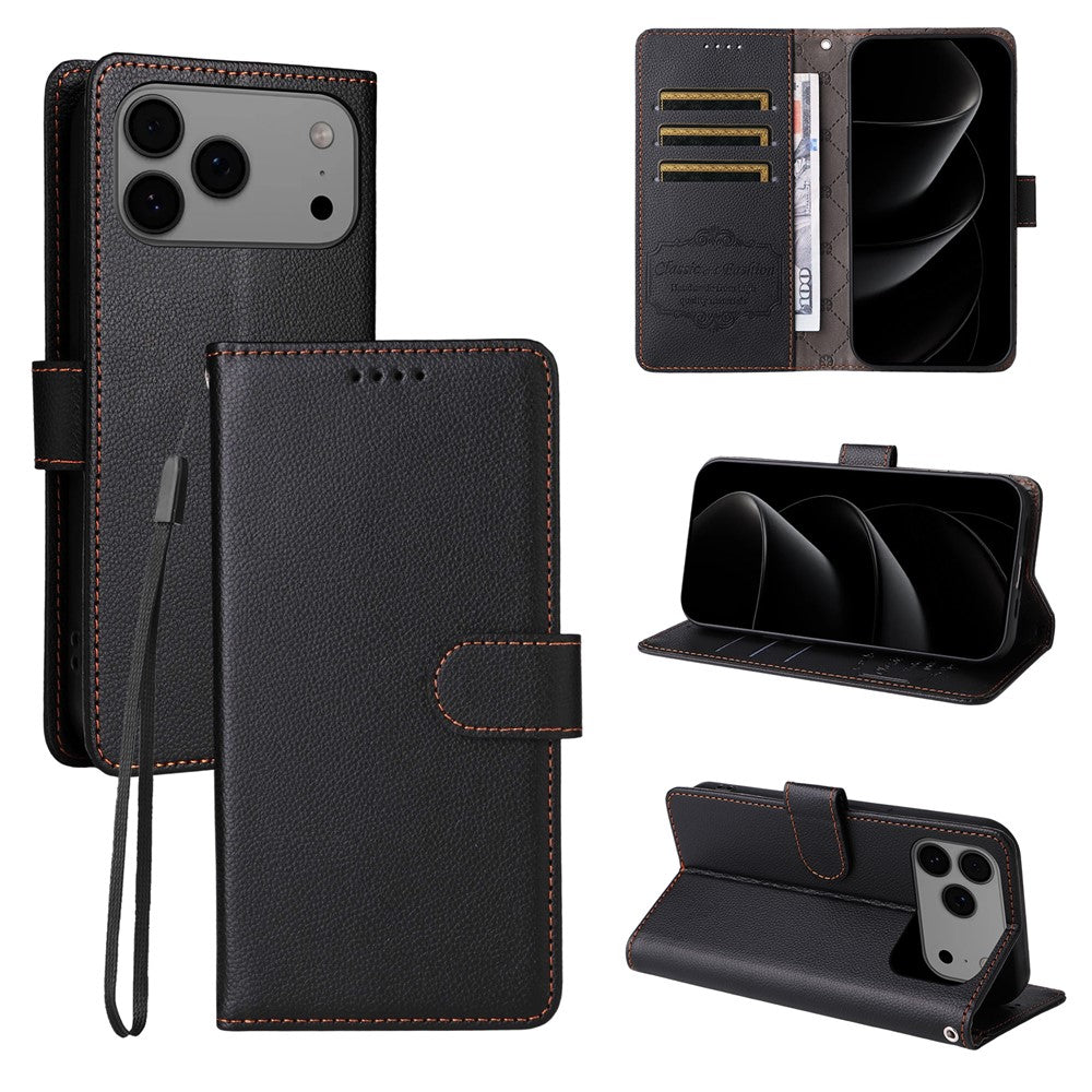 For iPhone 17 Pro Max Case RFID Blocking 3 Card Slots PU Leather Phone Cover with Wrist Strap - Black