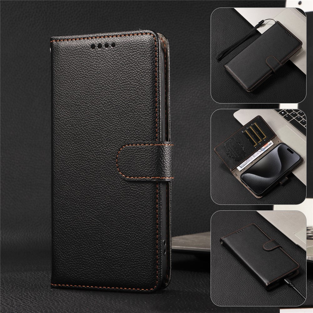 For iPhone 17 Pro Max Case RFID Blocking 3 Card Slots PU Leather Phone Cover with Wrist Strap - Black