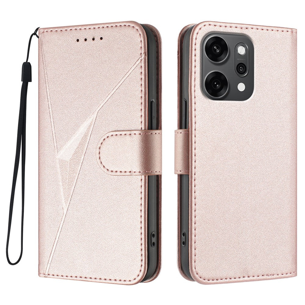 For Oppo Reno14 Pro 5G (China) / Oppo Reno14 Pro 5G (Global) Case Triangle Imprint Leather Phone Cover with Lanyard - Rose Gold