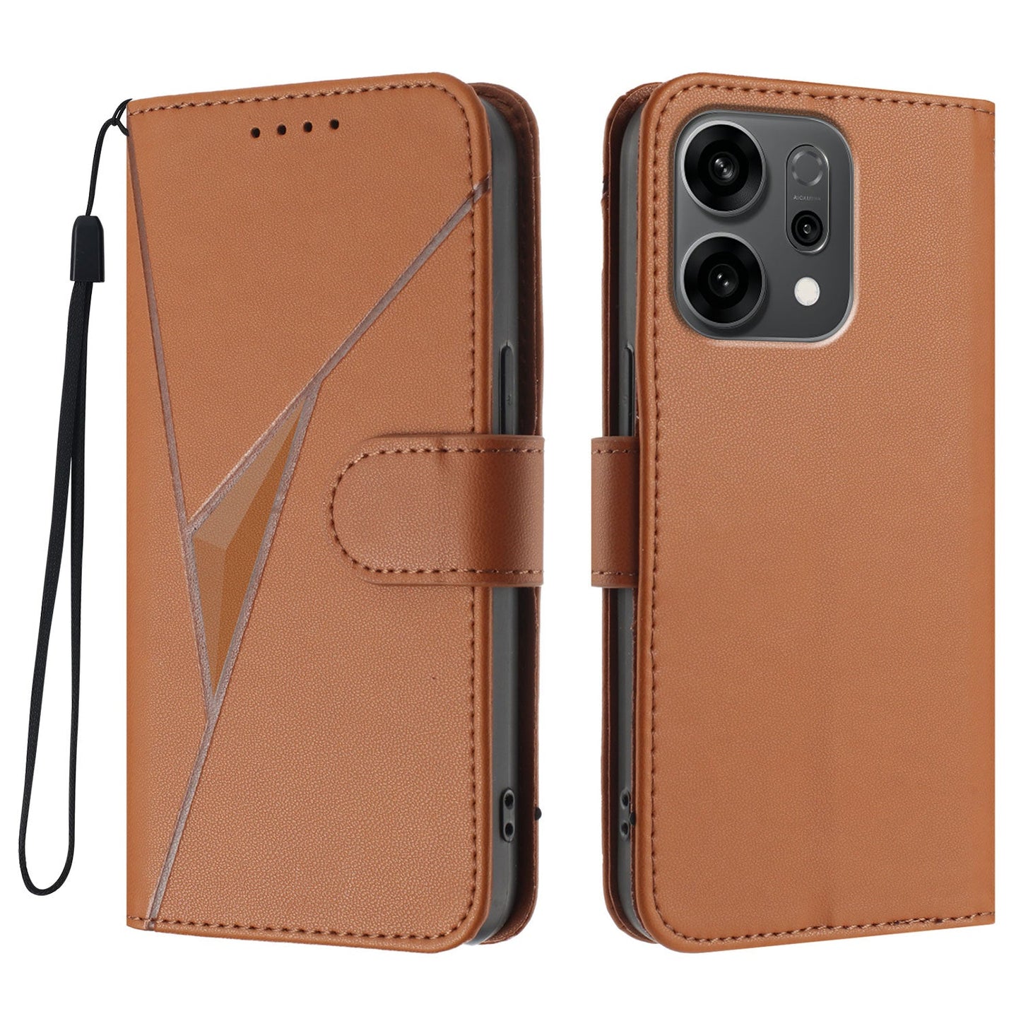 For Oppo Reno14 5G (China) / Oppo Reno14 5G (Global) Case Triangle Imprint Leather Phone Cover with Lanyard - Coffee