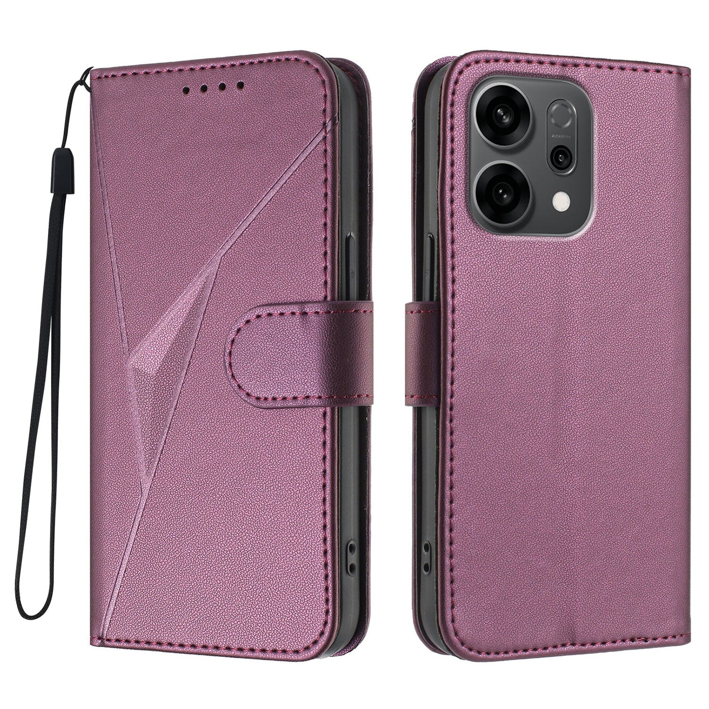 For Oppo Reno14 5G (China) / Oppo Reno14 5G (Global) Case Triangle Imprint Leather Phone Cover with Lanyard - Dark Purple