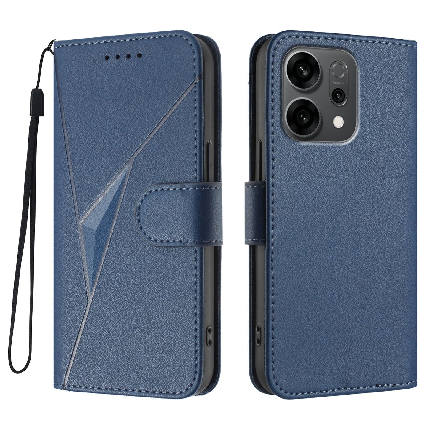 For Oppo Reno14 5G (China) / Oppo Reno14 5G (Global) Case Triangle Imprint Leather Phone Cover with Lanyard - Royal Blue