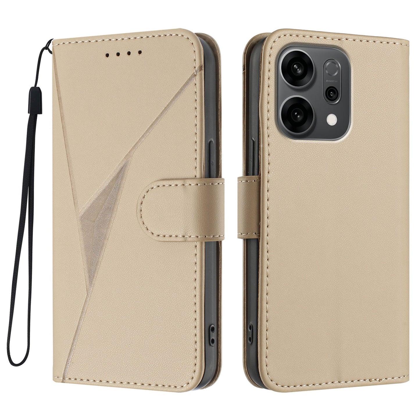 For Oppo Reno14 5G (China) / Oppo Reno14 5G (Global) Case Triangle Imprint Leather Phone Cover with Lanyard - Golden