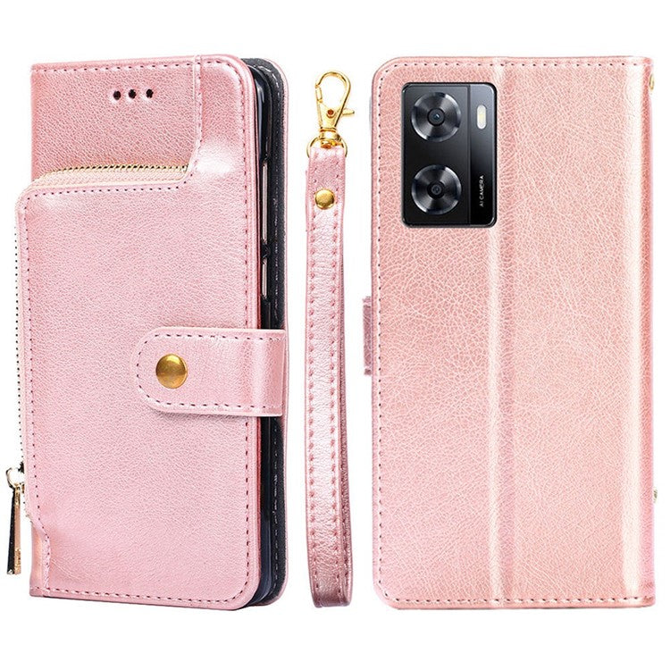 Shockproof Phone Cover For OnePlus Nord N20 SE 4G Zipper Pocket PU Leather Phone Case Stand Wallet with Handy Strap - Rose Gold