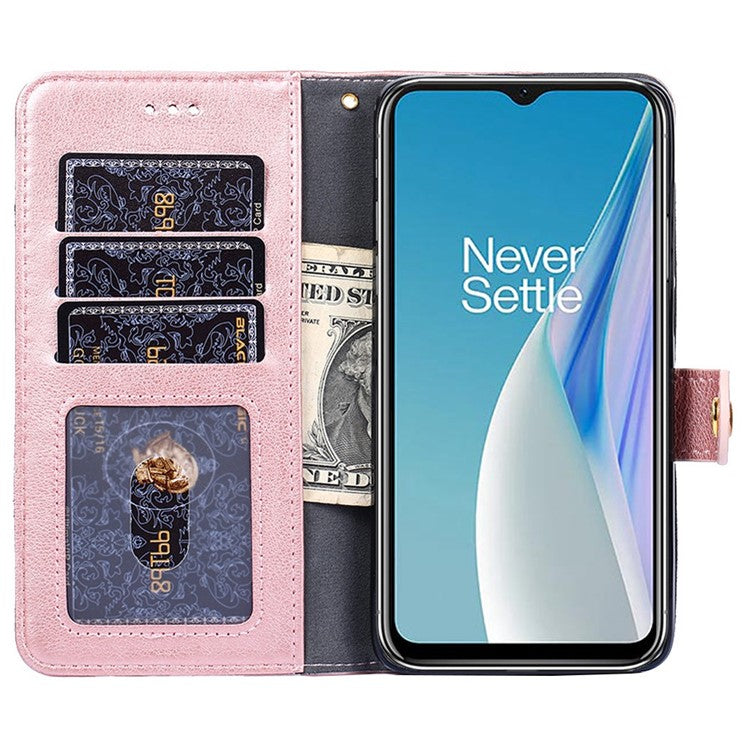 Shockproof Phone Cover For OnePlus Nord N20 SE 4G Zipper Pocket PU Leather Phone Case Stand Wallet with Handy Strap - Rose Gold