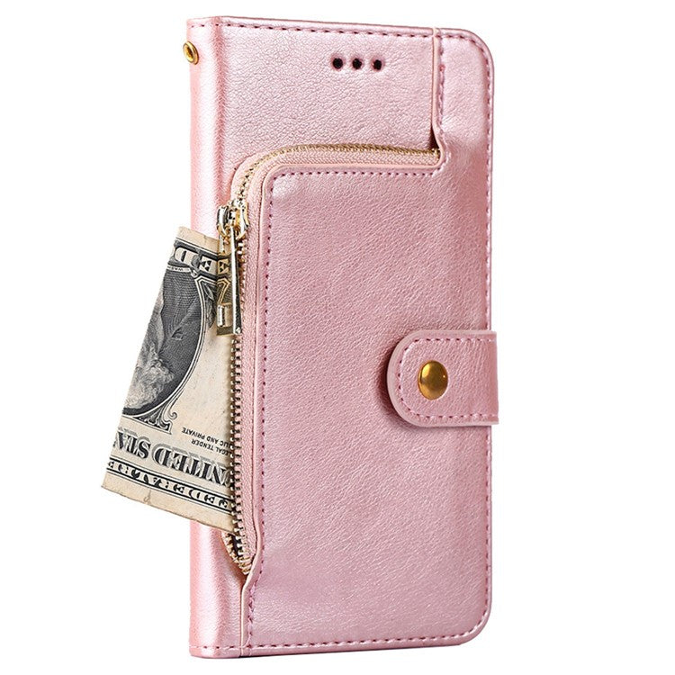 Shockproof Phone Cover For OnePlus Nord N20 SE 4G Zipper Pocket PU Leather Phone Case Stand Wallet with Handy Strap - Rose Gold