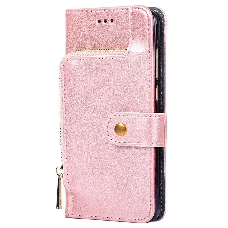 Shockproof Phone Cover For OnePlus Nord N20 SE 4G Zipper Pocket PU Leather Phone Case Stand Wallet with Handy Strap - Rose Gold