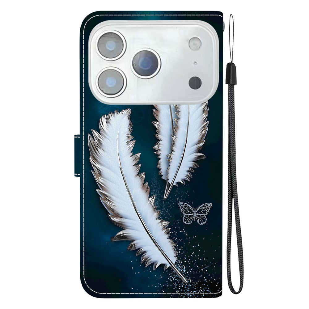 For iPhone 17 Pro Max Case Pattern Printing Anti-Drop Leather Flip Wallet Phone Cover with Lanyard - White Butterfly Feather