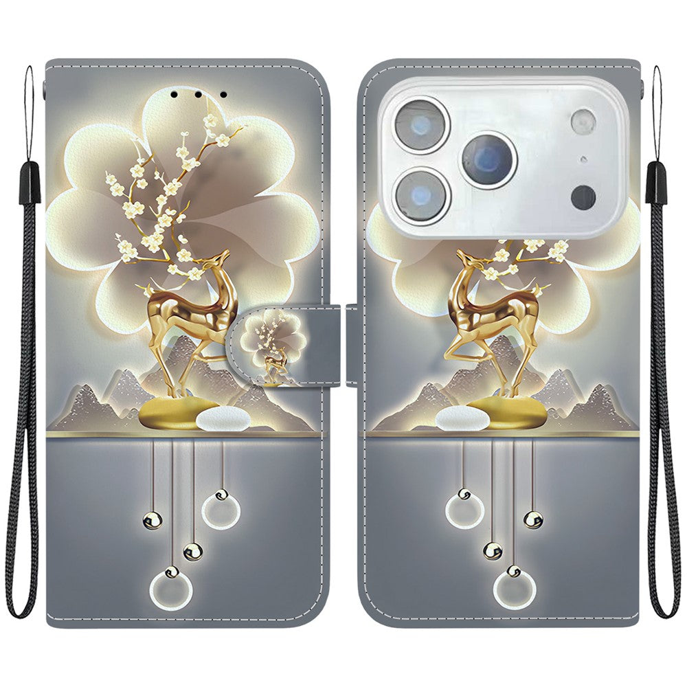 For iPhone 17 Pro Max Case Pattern Printing Anti-Drop Leather Flip Wallet Phone Cover with Lanyard - Sika Deer