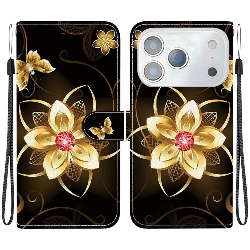 For iPhone 17 Pro Max Case Pattern Printing Anti-Drop Leather Flip Wallet Phone Cover with Lanyard - Golden Flower